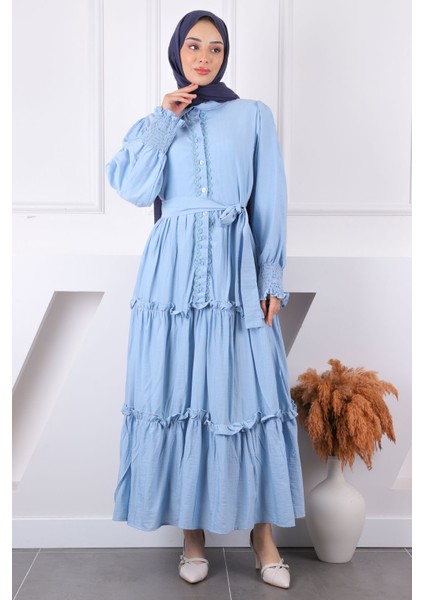 Bebe Mavi Önü Nakışlı Bel Kuşaklı Elbise