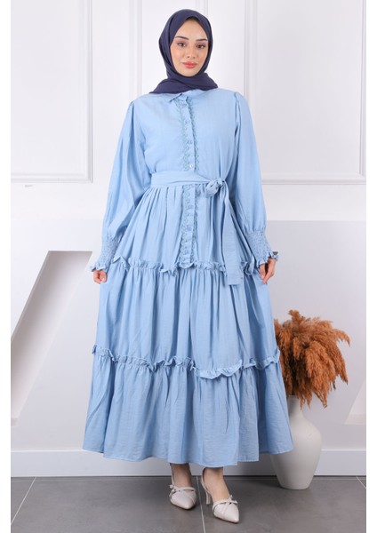 Bebe Mavi Önü Nakışlı Bel Kuşaklı Elbise fiyatları
