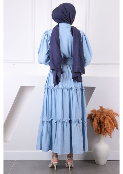 Bebe Mavi Önü Nakışlı Bel Kuşaklı Elbise modelleri