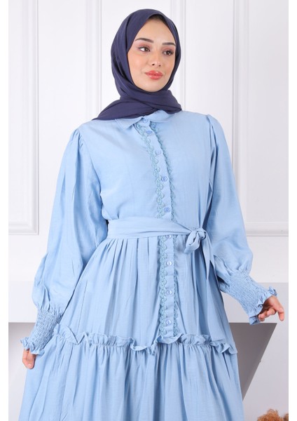 Bebe Mavi Önü Nakışlı Bel Kuşaklı Elbise fırsatları