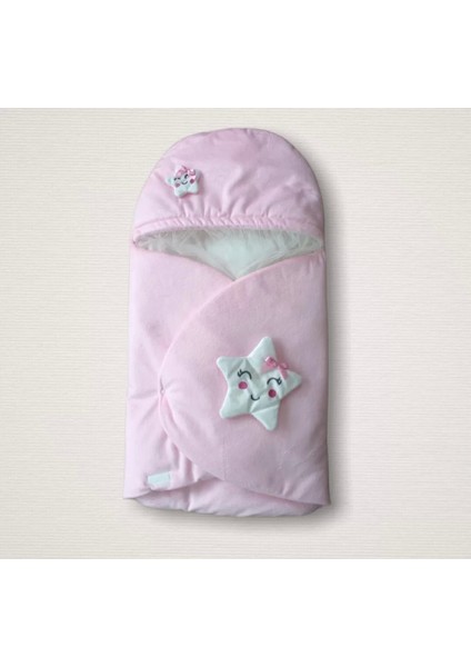 Yenidoğan Çift Yıldız Detaylı Şapkalı Duvaklı Kız Bebek Klasik Kundak Bebek Battaniyesi Pembe