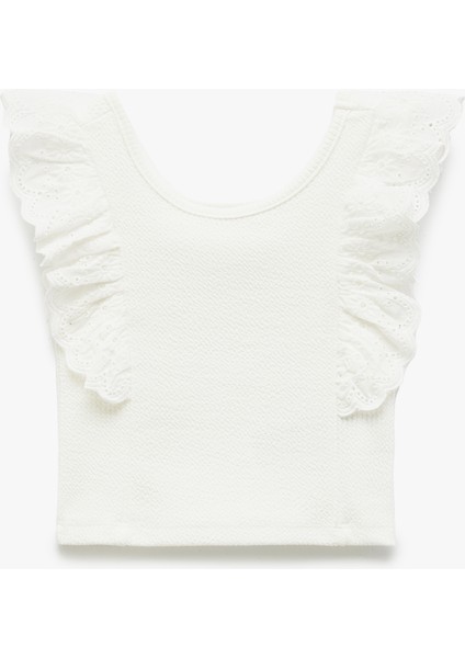 Brodeli Yuvarlak Yaka Kolsuz Fırfırlı Crop Atlet