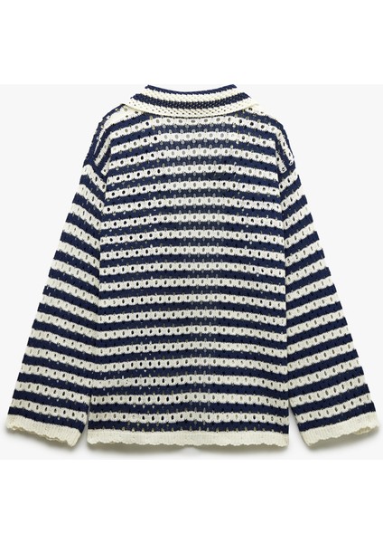 Cep Detaylı Uzun Kollu Ajurlu Çizgili Oversize Kroşe Ceket fırsatları