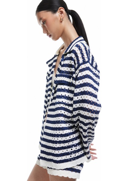 Cep Detaylı Uzun Kollu Ajurlu Çizgili Oversize Kroşe Ceket