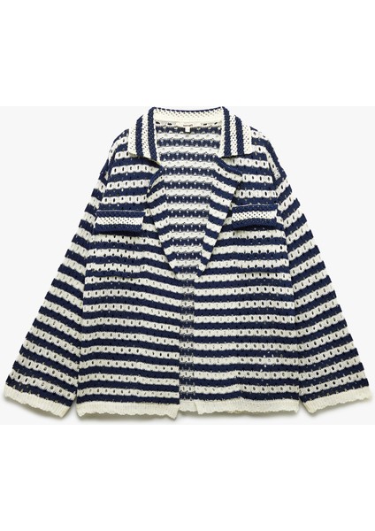 Cep Detaylı Uzun Kollu Ajurlu Çizgili Oversize Kroşe Ceket modelleri