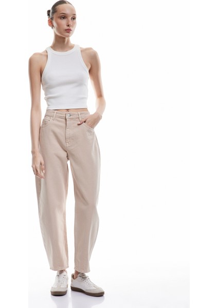 Rahat Kesim Normal Bel Düğmeli Pamuklu Balon Jean Pantolon - Balloon Fit Jean