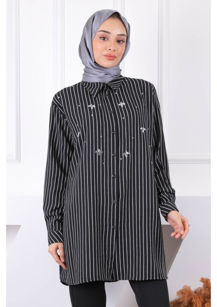 Siyah Önü Taşlı Çizgili Tunik