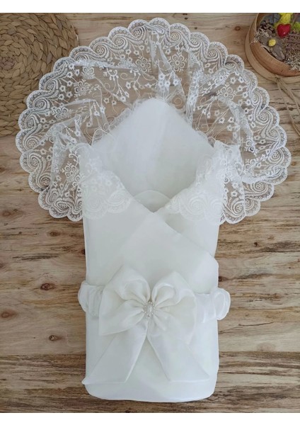 Yenidoğan Kumru Inci Fiyonk Kristal Parlak Duvaklı Kundak Bebek Battaniyesi Ekru