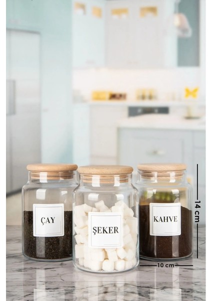 3'lü Ahşap Kapaklı Etiketli Çay Şeker Kahve Cam Kavanoz Saklama Kabı 800 ml