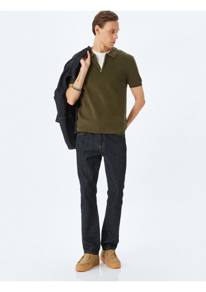 Yarım Fermuarlı Pamuk Karışımlı Kısa Kollu Triko Tişört