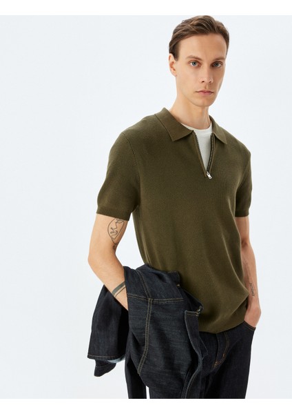 Yarım Fermuarlı Pamuk Karışımlı Kısa Kollu Triko Tişört fiyatları