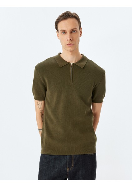 Yarım Fermuarlı Pamuk Karışımlı Kısa Kollu Triko Tişört modelleri