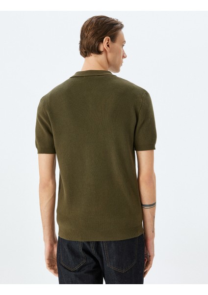 Yarım Fermuarlı Pamuk Karışımlı Kısa Kollu Triko Tişört fırsatları