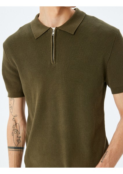 Yarım Fermuarlı Pamuk Karışımlı Kısa Kollu Triko Tişört indirimleri