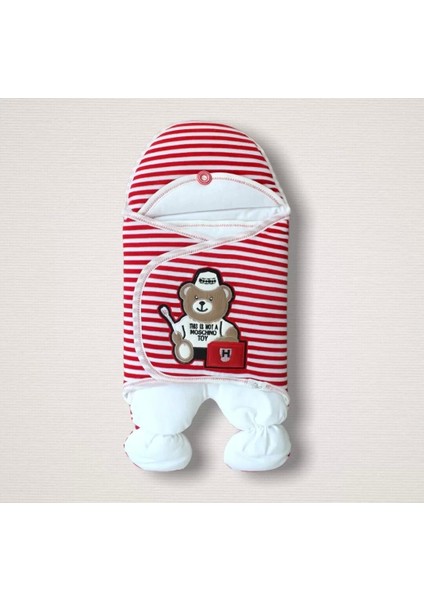 Yenidoğan Dr. Ayıcık Nakışlı Kız- Erkek Bebek Aklı Kundak Bebek Battaniyesi Kırmızı