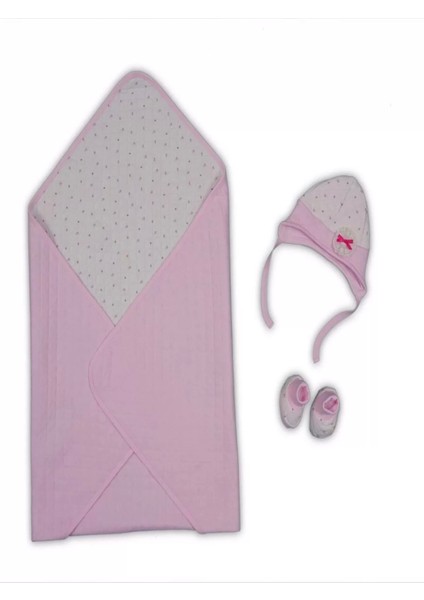 Yenidoğan Baskılı Double Face Şapka ve Patikli 3lü Bebek Battaniye Takımı Pembe fiyatları