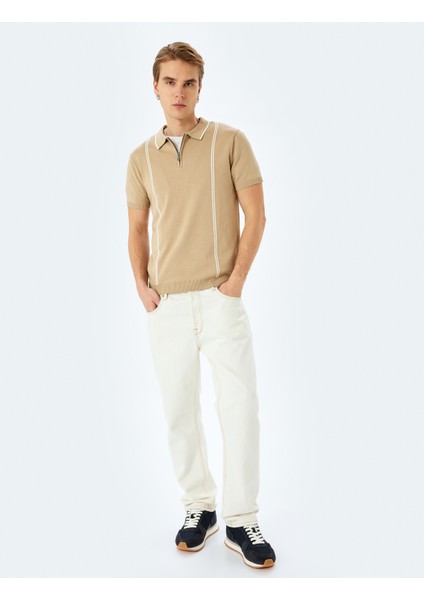 Yarım Fermuarlı Çizgi Detaylı Kısa Kollu Triko Tişört