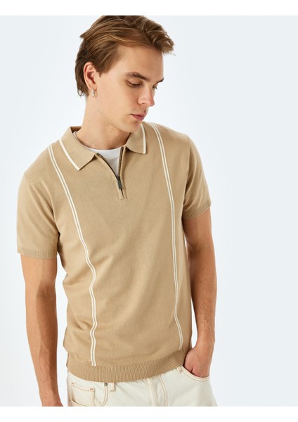 Yarım Fermuarlı Çizgi Detaylı Kısa Kollu Triko Tişört fiyatları