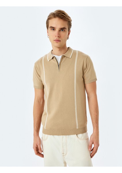 Yarım Fermuarlı Çizgi Detaylı Kısa Kollu Triko Tişört modelleri