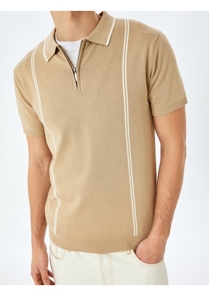 Yarım Fermuarlı Çizgi Detaylı Kısa Kollu Triko Tişört indirimleri