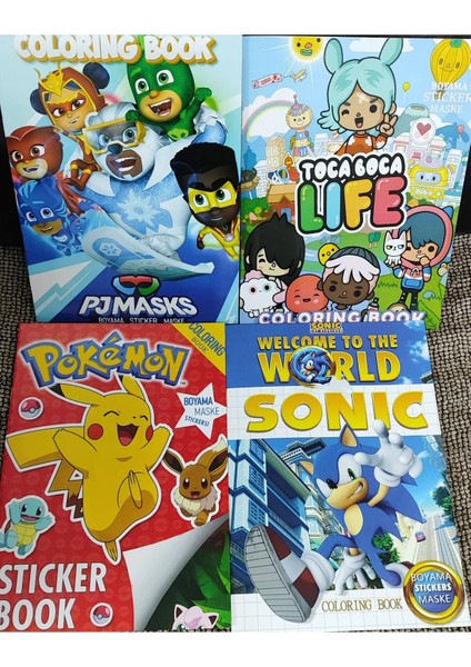 4 Adet Stickerli Boyama Kitabı (Pocemon,pijamaske,toca Boca Life,sonic Figürlü