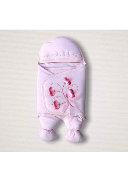 Yenidoğan Yap Çiçek Işlemeli Şapkalı Lüks Kız Bebek Aklı Kundak Bebek Battaniyesi Pembe