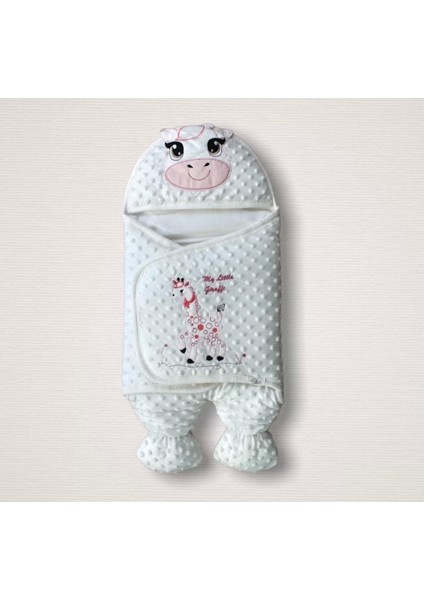 Yenidoğan Zürafa Nakışlı Şapkalı Kız Erkek Bebek Aklı Kundak Bebek Battaniyesi Pembe