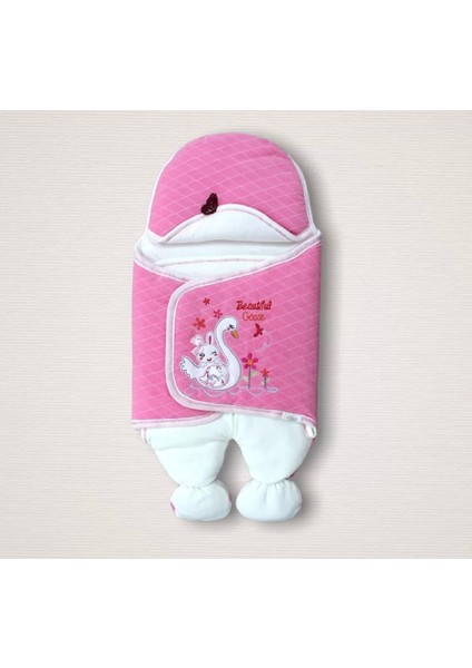 Yenidoğan Çiçekli Ördek Nakışlı Şapkalı Kız Bebek Aklı Kundak Bebek Battaniyesi Pembe