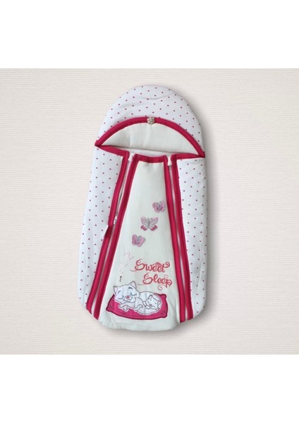 Yenidoğan Sevimli Uykucu Kedi Nakışlı Şapkalı Çift Fermuarlı Kız Bebek Kundak Bebek Battaniyesi Pembe