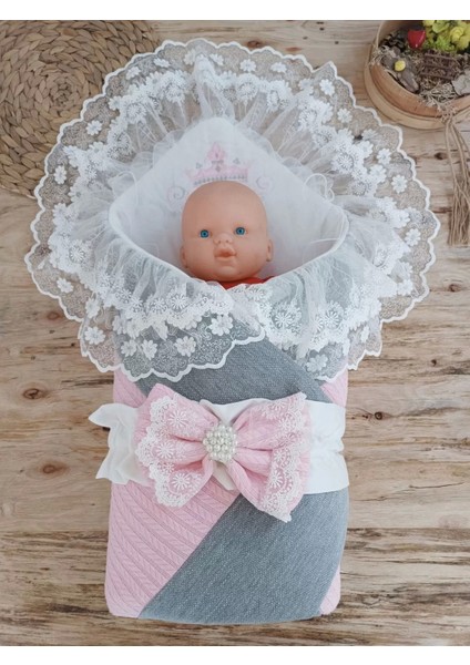 Yenidoğan Teri Cotton Taç Nakışlı Prizma Taş Kundak Bebek Battaniyesi Pembe