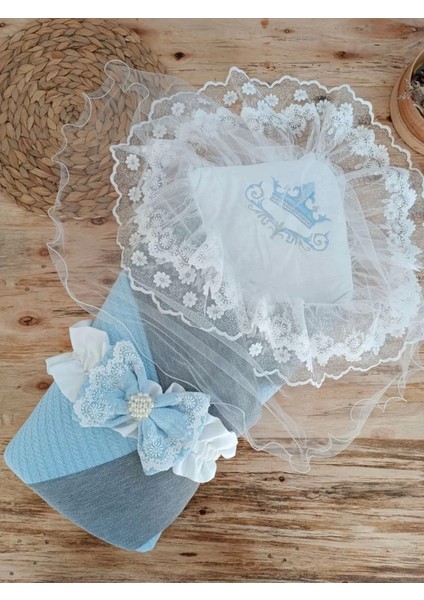 Yenidoğan Teri Cotton Taç Nakışlı Prizma Taş Kundak Bebek Battaniyesi Mavi