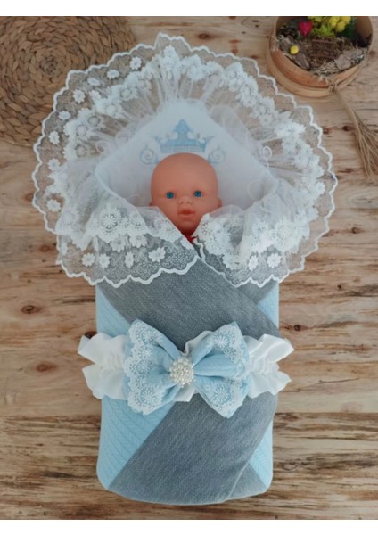 Yenidoğan Teri Cotton Taç Nakışlı Prizma Taş Kundak Bebek Battaniyesi Mavi fiyatları