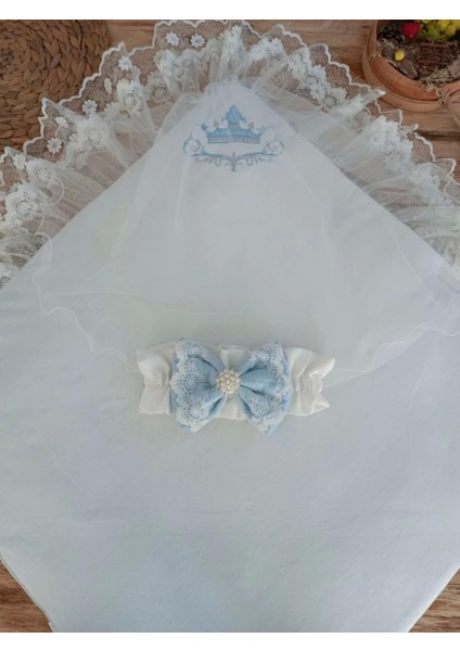 Yenidoğan Teri Cotton Taç Nakışlı Prizma Taş Kundak Bebek Battaniyesi Mavi modelleri