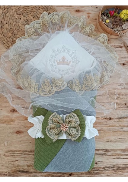 Yenidoğan Teri Cotton Taç Nakışlı Prizma Taş Kundak Bebek Battaniyesi Yeşil