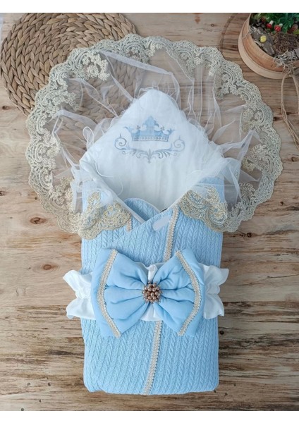 Yenidoğan Tericotton Örgülü Trilüx Bebek Battaniyesi Kundak Mavi