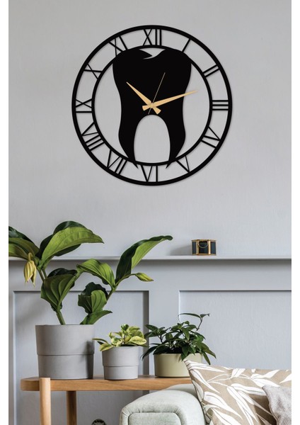 Diş Hekimi Roma Rakamlı Metal Siyah Duvar Saati - Ev / Ofis Saati - Hediye Saat - 50X50 cm