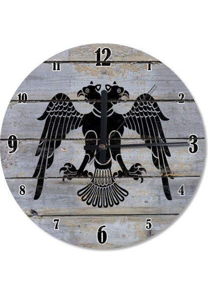 30 cm Çap Eski Ahşapta Çift Başlı Kara Kartalselçuklu Bayrağı Analog Duvar Saati