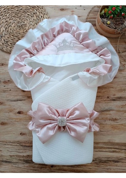 Yenidoğan Mehtap Lüks Kelebek Taç Nakışlı Bebek Battaniyesi Kundak Gül Kurusu