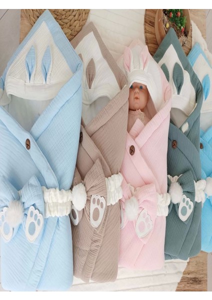 Yenidoğan 4 Kat Müslin Kumaş Kulaklı Patili Fiyonk Bebek Battaniyesi Kundak Pembe indirimleri
