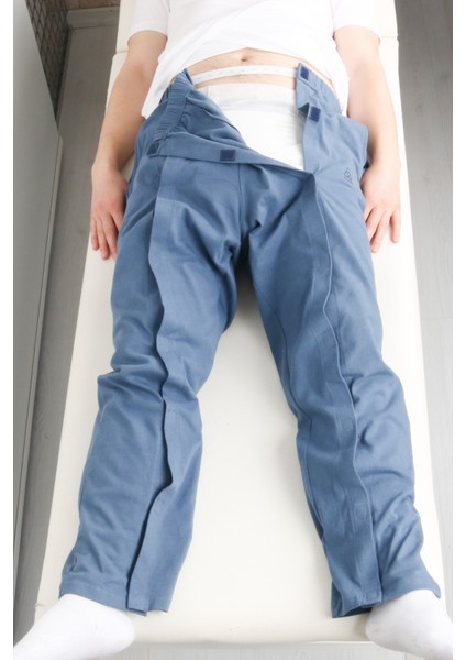 Adaptif Cırt Cırtlı Denim Mavi Yatan Hasta Bakım ve Tedavi Pantolonu