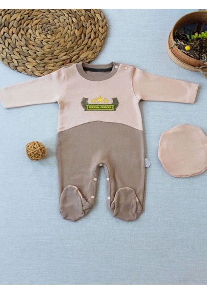Özel Kuvvetler Nakışlı Bere Şapkalı Kız Erkek Bebek Tulumu Sütlü Kahve