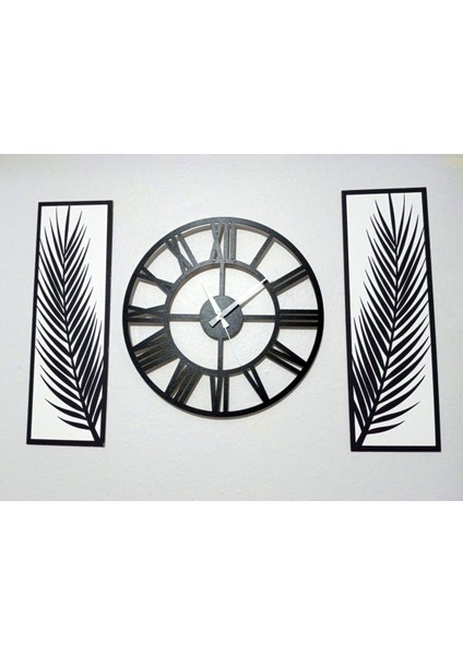 Siyah Beyaz, 3 Parçalı Palmiye ve Saat Duvar Dekor Seti fiyatları
