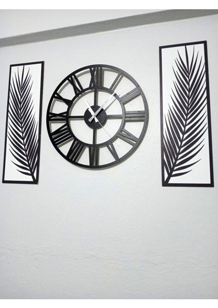Siyah Beyaz, 3 Parçalı Palmiye ve Saat Duvar Dekor Seti modelleri