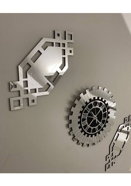 Dekoratif Duvar Saati 3 Lü Set 40 cm Gümüş Modern Roma Rakamlı Duvar Saati 18 x 51 cm Baklava Tablo