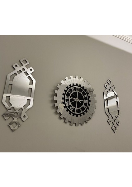 Dekoratif Duvar Saati 3 Lü Set 40 cm Gümüş Modern Roma Rakamlı Duvar Saati 18 x 51 cm Baklava Tablo indirimleri