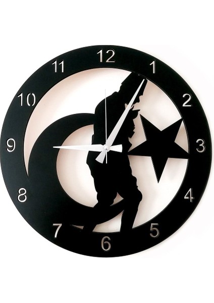 Yuvarlak Dekoratif Siyah Ahşap Duvar Saati Atatürk Portre Siyah 40 cm Ahşap Modern