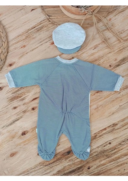 Papyonlu Çizgi Desen Çıtçıt Kapama Kasketli Erkek Bebek Tulumu Lacivert