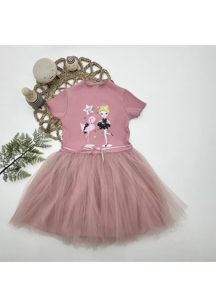 Flamingo Balerin Kız Baskılı Kurdela Kuşaklı Astarlı Kız Çocuk Tütü Elbise Gül Kurusu
