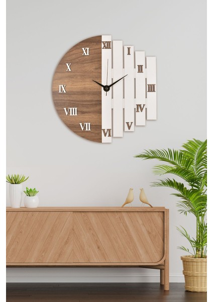 Ahşap Lazer Kesim Roma Rakamlı Ceviz-Beyaz Saati 43 cm - Roma Rakamlı Ritim