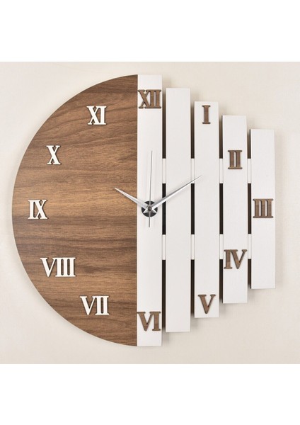 Ahşap Lazer Kesim Roma Rakamlı Ceviz-Beyaz Saati 43 cm - Roma Rakamlı Ritim modelleri